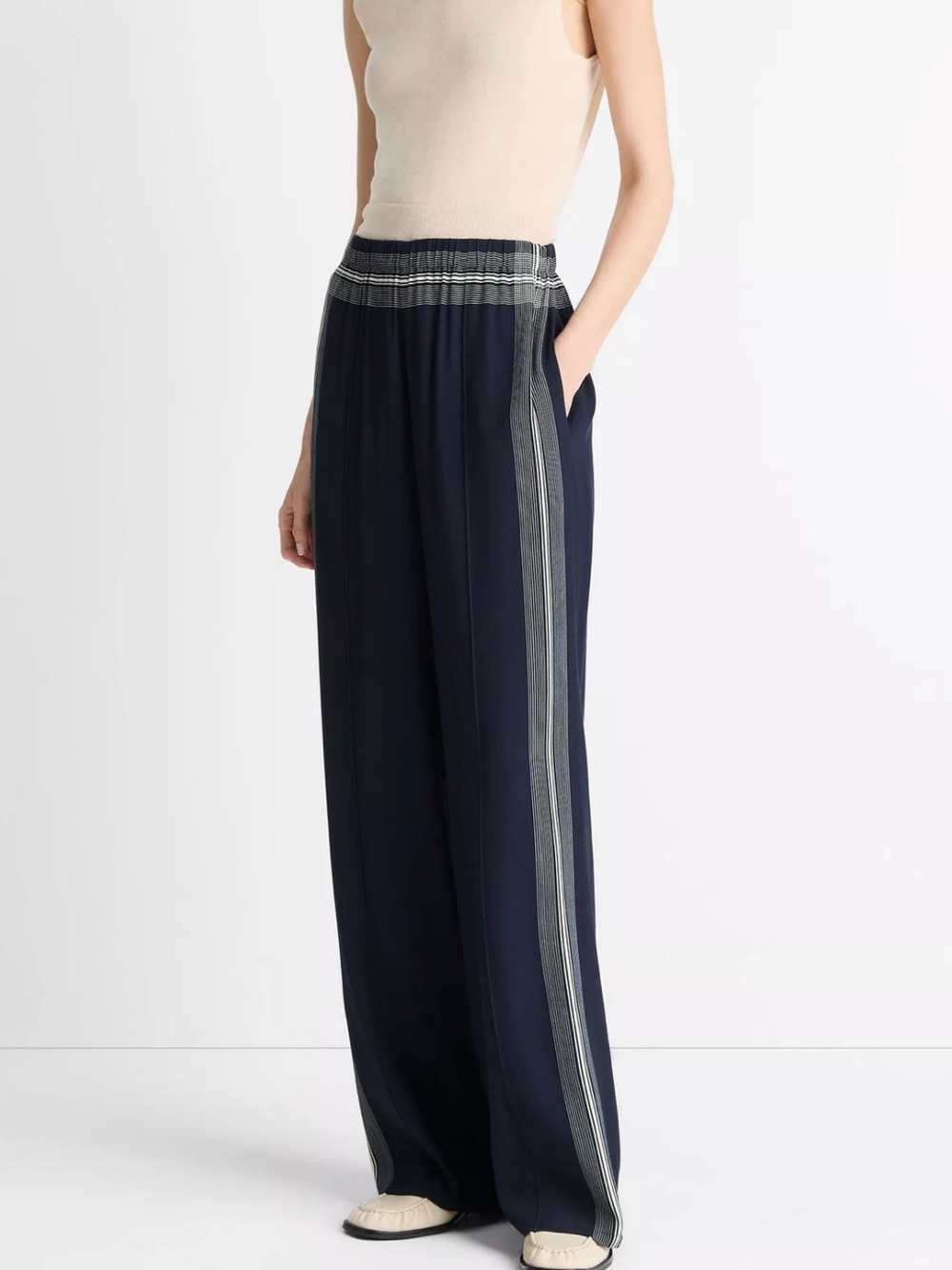 Vince Navy Wide-Leg Track Pants with Contrast Side Stripes - Picture 2 of 4